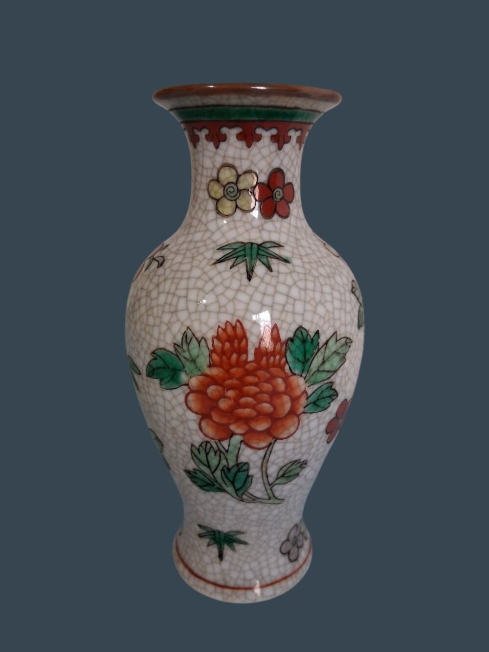 Vintage Chinese Porcelain Crackle Glaze Vase With Floral Design